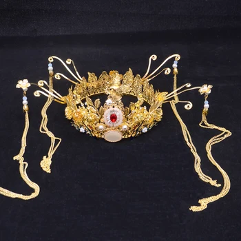Golden Phoenix Coronet Crown-Hår Tilbehør Kinesisk Bryllup Bride Hovedklæde Dronning Cosplay Hat Prinsesse Party 14576