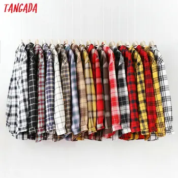 Tangada fashion kvinder smart oversize ternet bluse med lange ærmer til kvindelige casual print shirts stilfulde bomuld toppe blusas XQ01