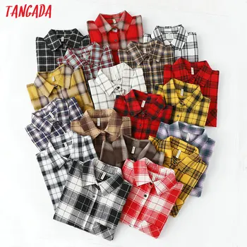 Tangada fashion kvinder smart oversize ternet bluse med lange ærmer til kvindelige casual print shirts stilfulde bomuld toppe blusas XQ01