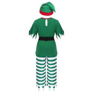 Børn Drenge Xmas Fairy Fancy Tema Part Jul Cosplay Kjole Kostume Outfit Korte Ærmer Toppe med Stribede Bukser, Hat, Bælte