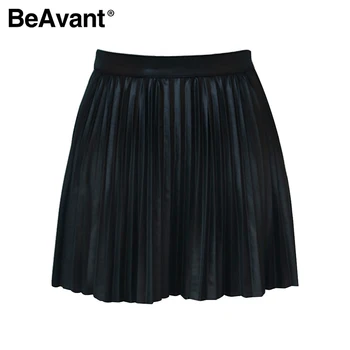 BeAvant Fashion sort efterår og vinter kvinder faux kort nederdel A-line high street sexet mini nederdel med Høj talje plisseret læder nederdel 14656
