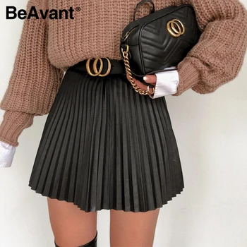 BeAvant Fashion sort efterår og vinter kvinder faux kort nederdel A-line high street sexet mini nederdel med Høj talje plisseret læder nederdel