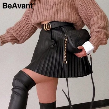 BeAvant Fashion sort efterår og vinter kvinder faux kort nederdel A-line high street sexet mini nederdel med Høj talje plisseret læder nederdel