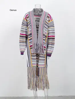 Vintage Etnisk Stil Uregelmæssige Hem Trøjer Cardigan Kvinder Farverige Kvast Strikke Sjal Sweater Outwear Løs Strik Ny