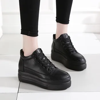 Tyk Bund Hvid Sko Kvinde 7cm Skjult Hæl Sko koreansk Mode Nye Womens Læder Sneakers Platform Kilehæls Sko til Kvinder