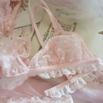 Wriufred Undertøj ultra-tynd sexet cute lyserød kærlighed mesh blonde pige bh-sæt gaze loli fristelsen undertøj med trusser, der passer