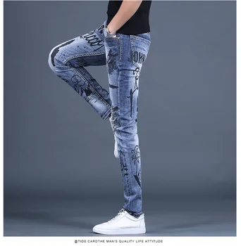 Gratis Forsendelse Nye mænd mandlige denim jeans Personlighed Jeans Trykt Fødder Bukser Tide Brand koreanske Slanke Tendens Casual bukser 14786