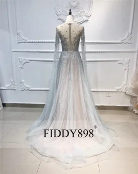 Luksus-Kjole til Aften i Lang Tyl A-Line Crystal Beaded Prom Dress 2020 Dubai Aften Kjole Med Hætte Ærmer Vestidos de Fiesta