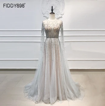 Luksus-Kjole til Aften i Lang Tyl A-Line Crystal Beaded Prom Dress 2020 Dubai Aften Kjole Med Hætte Ærmer Vestidos de Fiesta