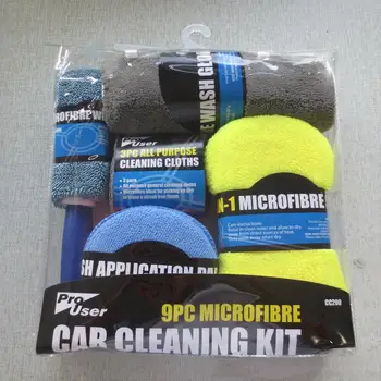 9Pcs Microfiber bilvask, Rengøring Kit Inkluderer Microfiber Håndklæder Applikator Puder Vask med Svamp Vaske Handske Wheel Brush