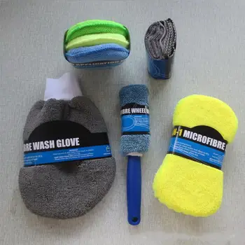 9Pcs Microfiber bilvask, Rengøring Kit Inkluderer Microfiber Håndklæder Applikator Puder Vask med Svamp Vaske Handske Wheel Brush