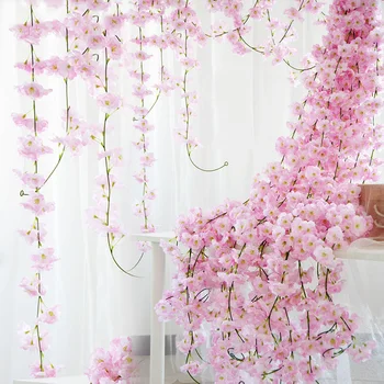 230cm Silke Sakura Cherry Blossom Vin Lvy Bryllup Bue Dekoration Layout Home Party Rattan Væggen Hænger Garland Krans Slyngekastere