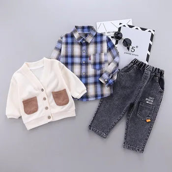Børn Boy Tøj Plaid i Baby, der Passer Sweater Cardigan +T-shirt + Jeans 3stk børn Børn Baby Tøj til Nyfødte Drenge Sportstøj