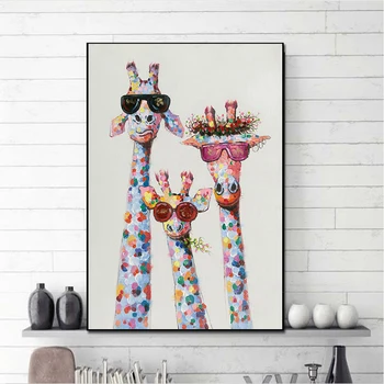 Moderne Kunst Farverige Olie Dyr, Giraf, En Familie Med Briller Maleri Canvas Billede På Lærred Oplag Væg Kunst Til Stuen
