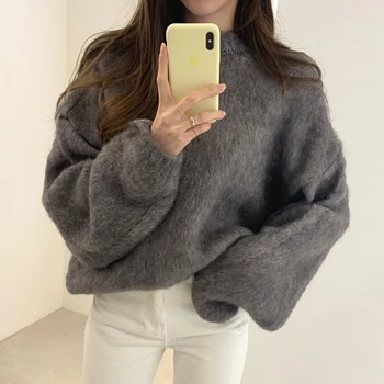 Løs Plus Size Solid O-Neck Alle Match Fuld Sweater Kvinder
