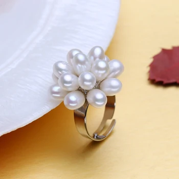 FENASY Mange Perler Naturlige Ferskvands Perle Ringe Til Kvinder Håndlavede Kvindelige 925 Sterling Sølv Party Ring Fine Smykker