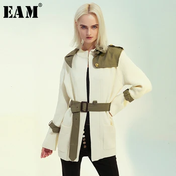 [EAM] i Loose Fit Army Grøn Strikke Delt Temperament Nye Jakke Revers Lange Ærmer Kvinder Frakke Fashion Tide Foråret 2021 1M986