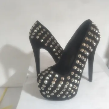 SHOFOO sko.Mode nyhed kvinders sko, sort cashmere læder, dekorative nitter,ca 14,5 cm høj hæl sko. STØRRELSE:34-45