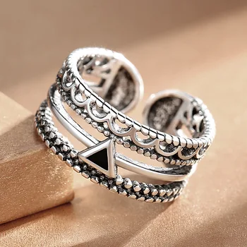 Vintage Store Gotiske Stabelbare Chunky Thai 925 Sterling Sølv Finger Justerbar Ring Til Kvinder, Mænd Unisex Indgraveret Bane Smykker