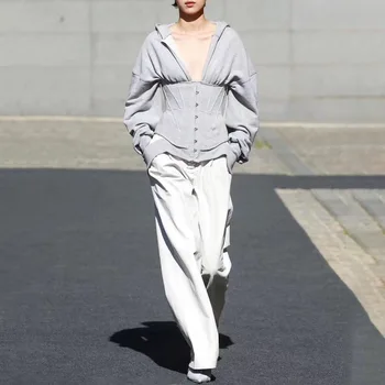 Kvinder Hooded Sweatshirts V-Hals Lange Ærmer Høj Talje Slank Kvinders Hættetrøjer Mode 2020 Tøj