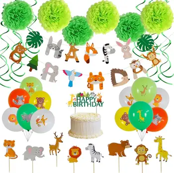Jungle Dyr Skov Tegnefilm Fødselsdag Part Indretning Ballon Papir Blomst Banner Kage Topper Sæt Skov Skabning Sød Dekoration