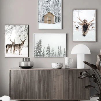 Friske Vinter Landskab Plakat Deer House Sne Felt Lærred Maleri Kunst Tapet Billede Print Håndværk til boligindretning