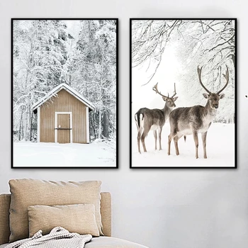 Friske Vinter Landskab Plakat Deer House Sne Felt Lærred Maleri Kunst Tapet Billede Print Håndværk til boligindretning