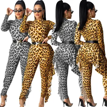 Kvinder Leopard Print Flæsekanter Slank Buksedragt Falde Spring Side Flæsekanter Bodycon Lange Ærmer Buksedragt Part Bodysuit Clubwear Streetwear