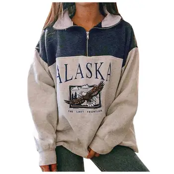 Kvinders Bomuld Stå Krave Halv Lynlås Alaska Brev Udskrivning langærmede Sweatshirts Casual Løs Sweatshirt Vintage Mode