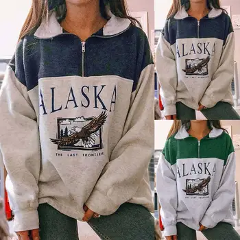 Kvinders Bomuld Stå Krave Halv Lynlås Alaska Brev Udskrivning langærmede Sweatshirts Casual Løs Sweatshirt Vintage Mode