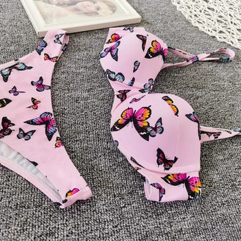 Kvinder er Sexet Pink Push Up Bikini Sommerfugl Print Badedragt To Stykke badetøj Damer Bandage Badetøj Badetøj Polstret