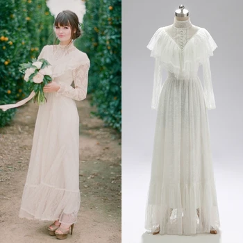 Den victorianske æra Lange Ærmer BLONDER Brudekjole Te-Længde brudekjoler REAL FOTO FACTORY PRIS CUSTOM MADE