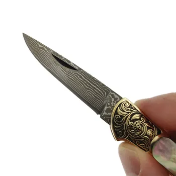 Stor Størrelse Håndlavet Damaskus stål Klinge Lomme Smukke Folde Kniv Gul Messing +abaloneskal Håndtere Kniv