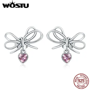 WOSTU 925 Sterling Sølv Sløjfeknude Stud Øreringe Pink Hjerte Små Øreringe Til Kvinder Nye Ankomst 2020 Sølv Smykker CQE962