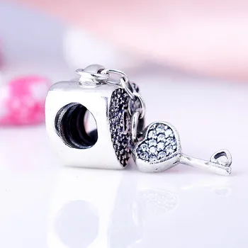 Oprindelige Kærlighed Hjerte Lock & Key Med Krystal Vedhæng Perler Passer 925 Sterling Sølv Perle Armbånd Smykker