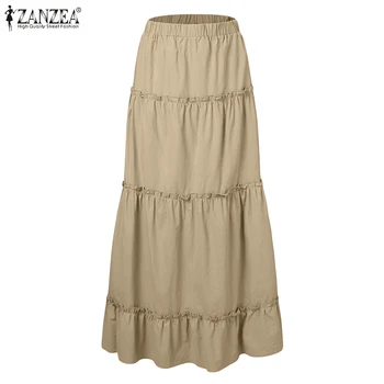 ZANZEA Plus Size Kvinder Flæser Plisserede Nederdele 2021 Foråret Høj Talje Nederdele Kvindelige Casual Faldas Saia Bomuld Solid Vestidos Robe