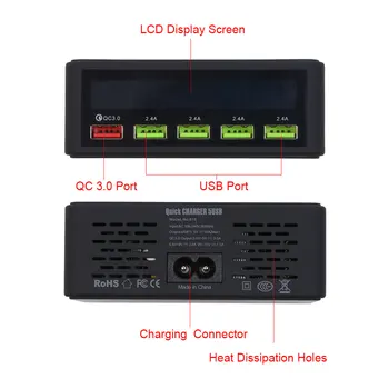 818 US-Stik 5 USB-Udgange Strømforsyning Med 4 USB Porte Og Quick-Charge 3.0 USB-Port Intelligent LCD Display Aktivere Batteriet