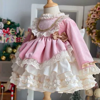 Baby Pige Efterår og Vinter Pink Fløjl Vintage spanske Pompom Bolden Prinsesse Lolita Kjole til Jul, Fødselsdag