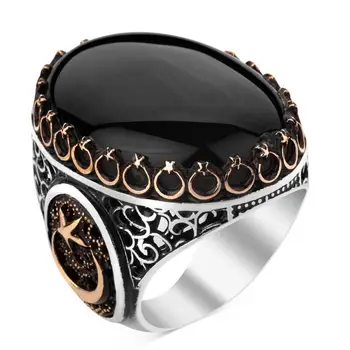 925 Sterling Store Sølv Halvmåne-Star Herre Ring med Sort Onyx Sten Mode tyrkisk Premium Kvalitet Håndlavet Jawelery