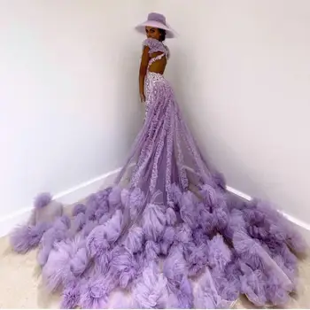 Unikke Lilla Differentieret Flæser Purple Prom Kjoler Havfrue Blonde Pynt Afrikanske Aften Kjole Plus Size Backless Lang Formel Kjole