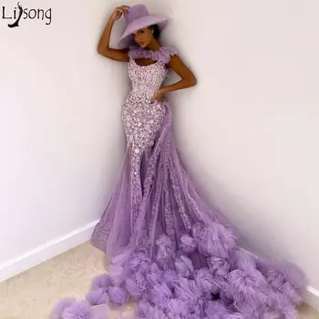 Unikke Lilla Differentieret Flæser Purple Prom Kjoler Havfrue Blonde Pynt Afrikanske Aften Kjole Plus Size Backless Lang Formel Kjole