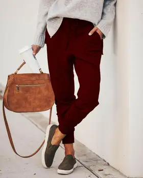 2020 Nye Efteråret Kvinder Mode Høj Talje Bomuld Bukser Solid Farve Løs Bindebånd I Taljen Sport Elastisk Blyant Bukser
