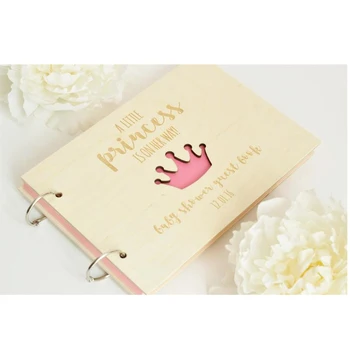 Brugerdefineret Pink Lille Prinsesse Krone Træ Baby Brusebad gæstebog Foto Gæstebog Baby album Tegn i bogen Personlig Det er en Pige