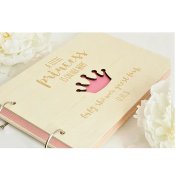 Brugerdefineret Pink Lille Prinsesse Krone Træ Baby Brusebad gæstebog Foto Gæstebog Baby album Tegn i bogen Personlig Det er en Pige