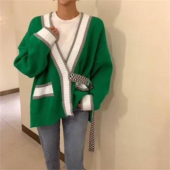 Efterår og Vinter Sweater Kvinder med Lange Ærmer Grønne V-Hals med Bælte Løs koreanske Strikket Sweater, Cardigans Vintage Harajuku 2020 B137