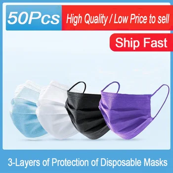 50stk Dronning Ædle Purple Face Mask Disponibel 3-Lags Smelteblæst Klud Voksen Støvtæt Munden Maske