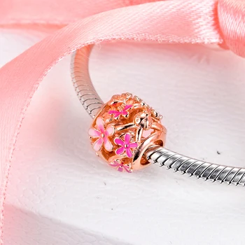 925 Sterling Sølv & Rosa Forgyldt Gennembrudt Pink Daisy Blomster Charm Perler Passer Oprindelige Pamura Charms Armbånd DIY Smykker