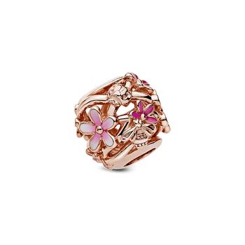 925 Sterling Sølv & Rosa Forgyldt Gennembrudt Pink Daisy Blomster Charm Perler Passer Oprindelige Pamura Charms Armbånd DIY Smykker