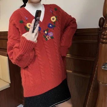 Vinteren Kvinde, Trøjer, Blomster Broderi V-Hals langærmet Top Pullover til Kvinder Strikkede Trøjer Lazy Oaf koreansk Tøj