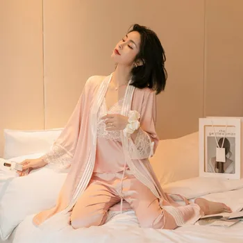 Sexy Satin Kimono Kjole Pyjamas, der Passer Kvinder 3STK Nattøj Lace Nattøj Pijamas Casual Intime Lingeri Bløde Homewear Natkjole